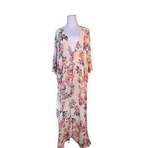 BigHit Fashion Oversized Sheer Kimono Robe Pink Floral‎ Small NWT